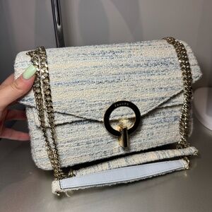 Sandro Paris Tweed Shoulder Bag Blue Cream Gold Chain Crossbody Purse